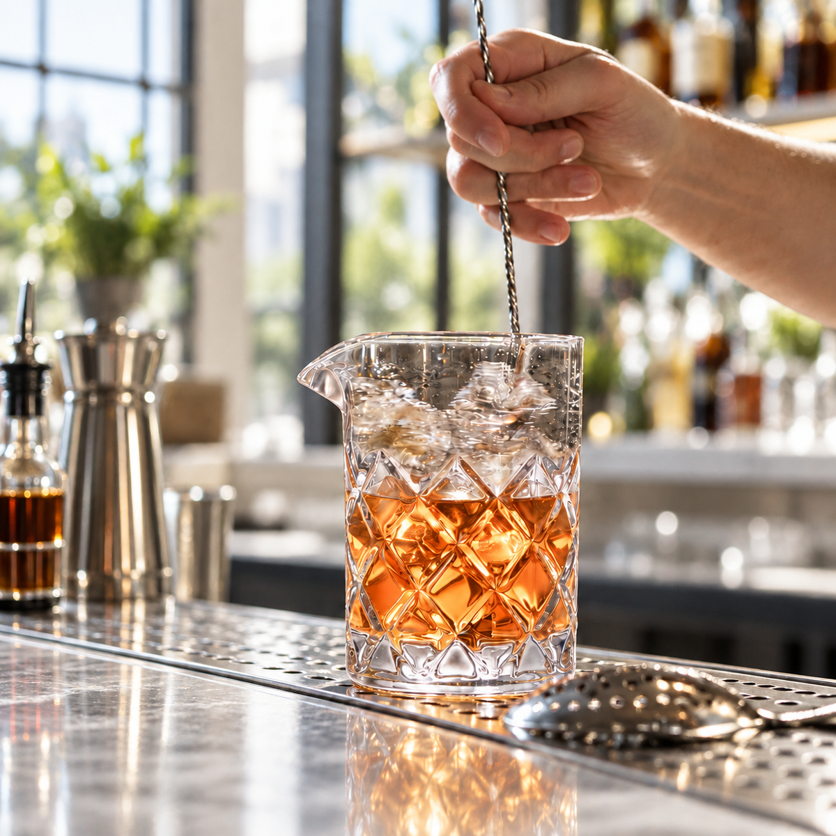 Stirring an Old Fashioned in the 16 oz diamond cut mixing glass with a bar spoon at a bar