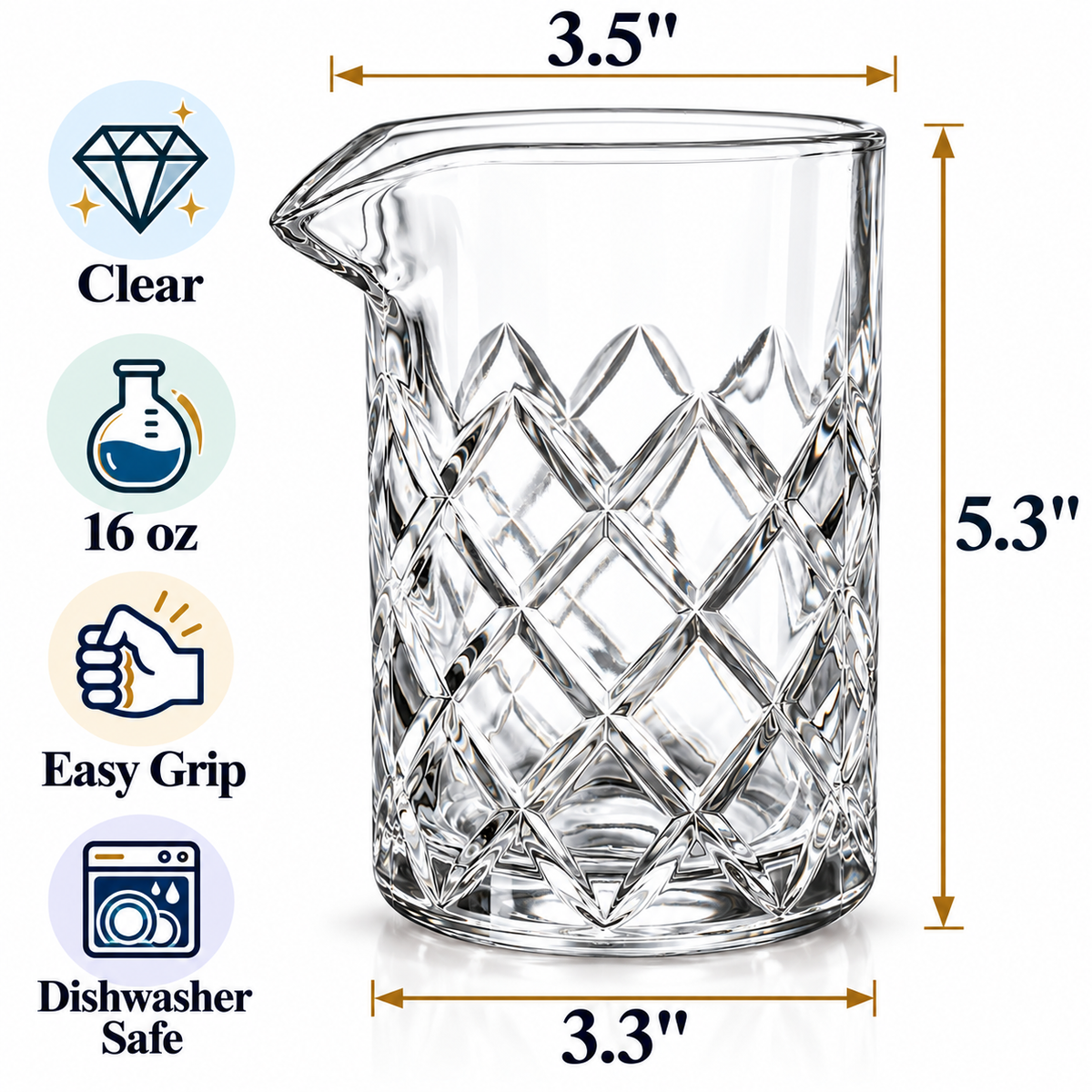 16 oz diamond cut mixing glass with size dimensions