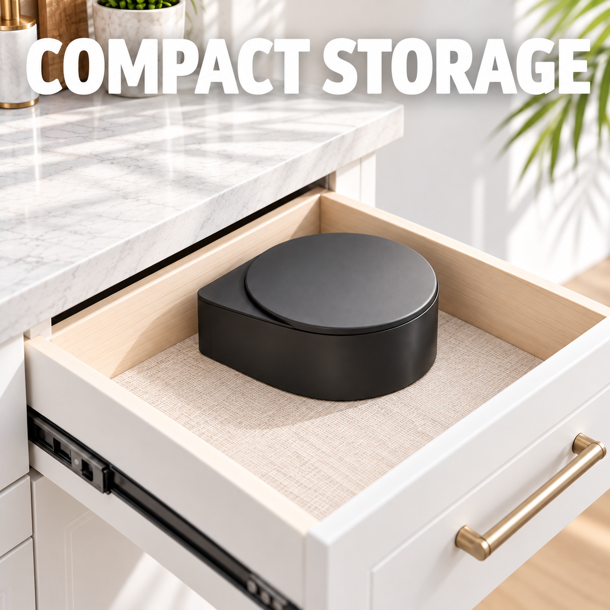 Closed rimmer stored flat in a kitchen drawer, compact storage