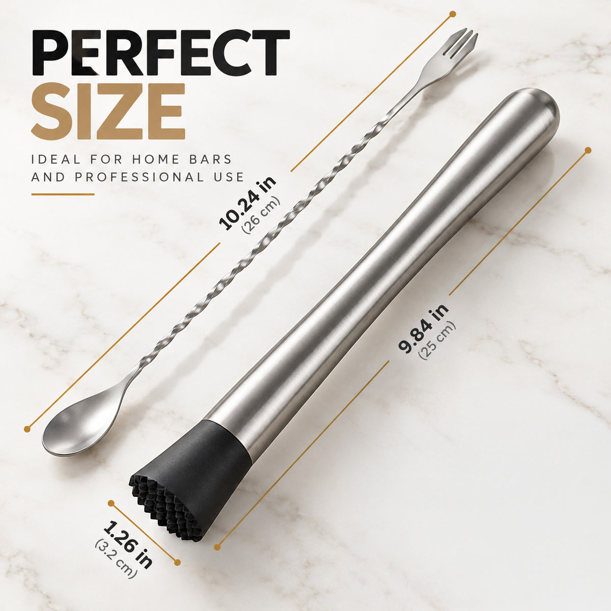 Muddler and bar spoon sizes: spoon 10.24 in, muddler 9.84 in