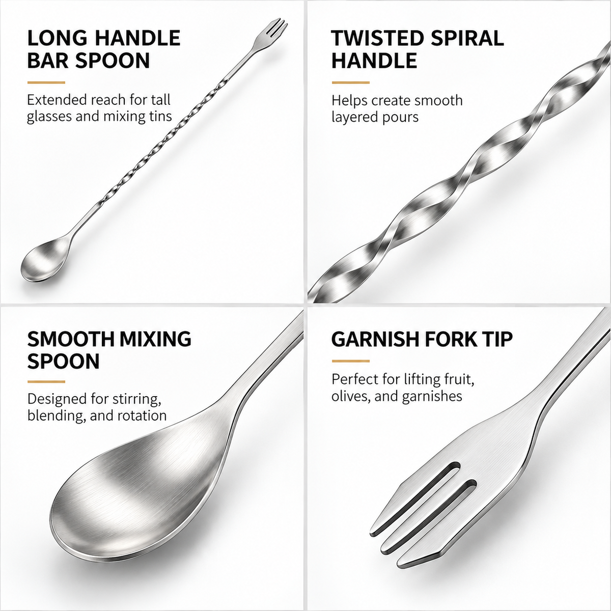 Bar spoon details: long handle, twisted spiral, smooth spoon and garnish fork tip