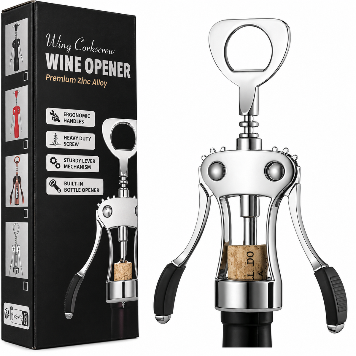 Wing corkscrew wine opener in zinc alloy with its box