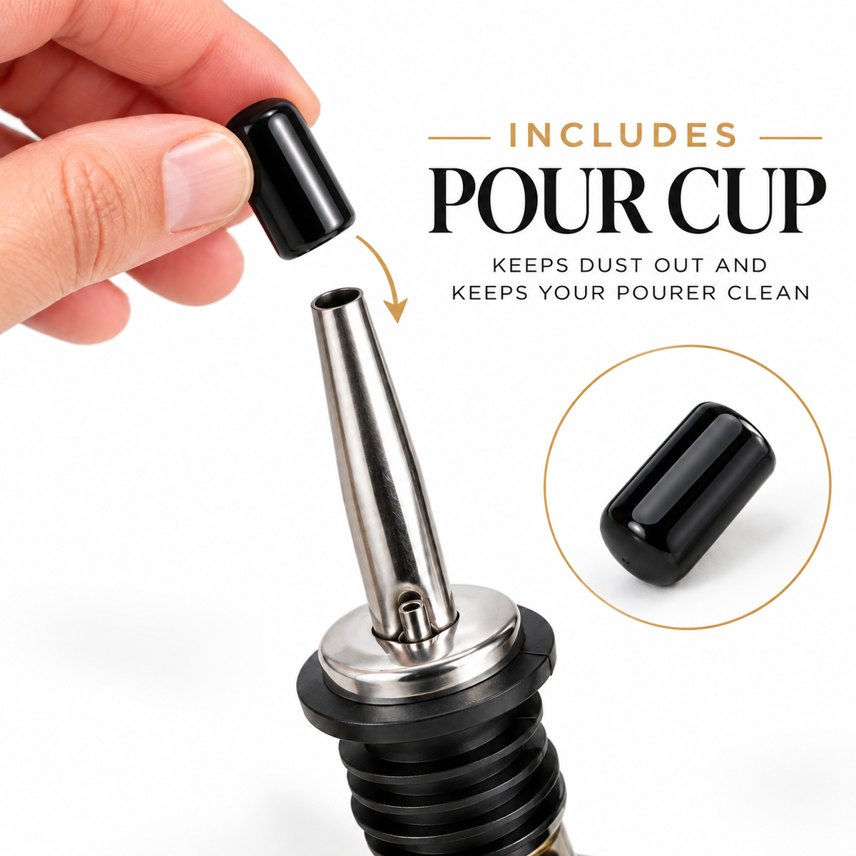 Stainless steel liquor pourer with a black pour cup that keeps dust out
