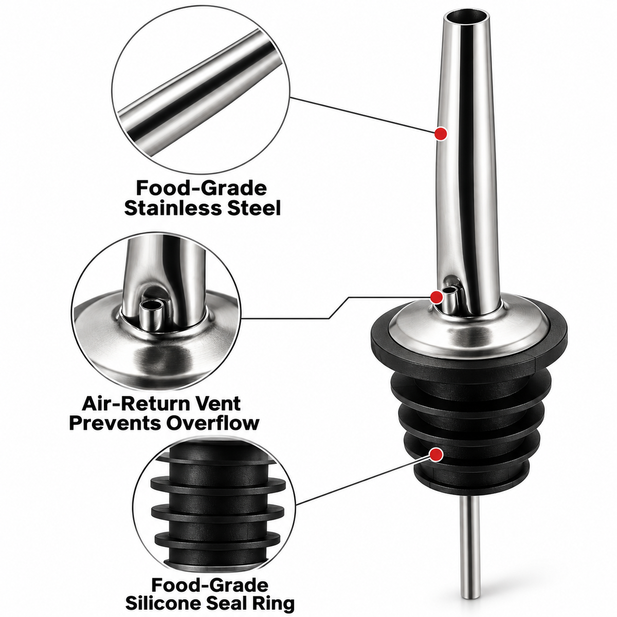 Pourer features: food grade stainless steel, air return vent that prevents overflow, silicone seal ring