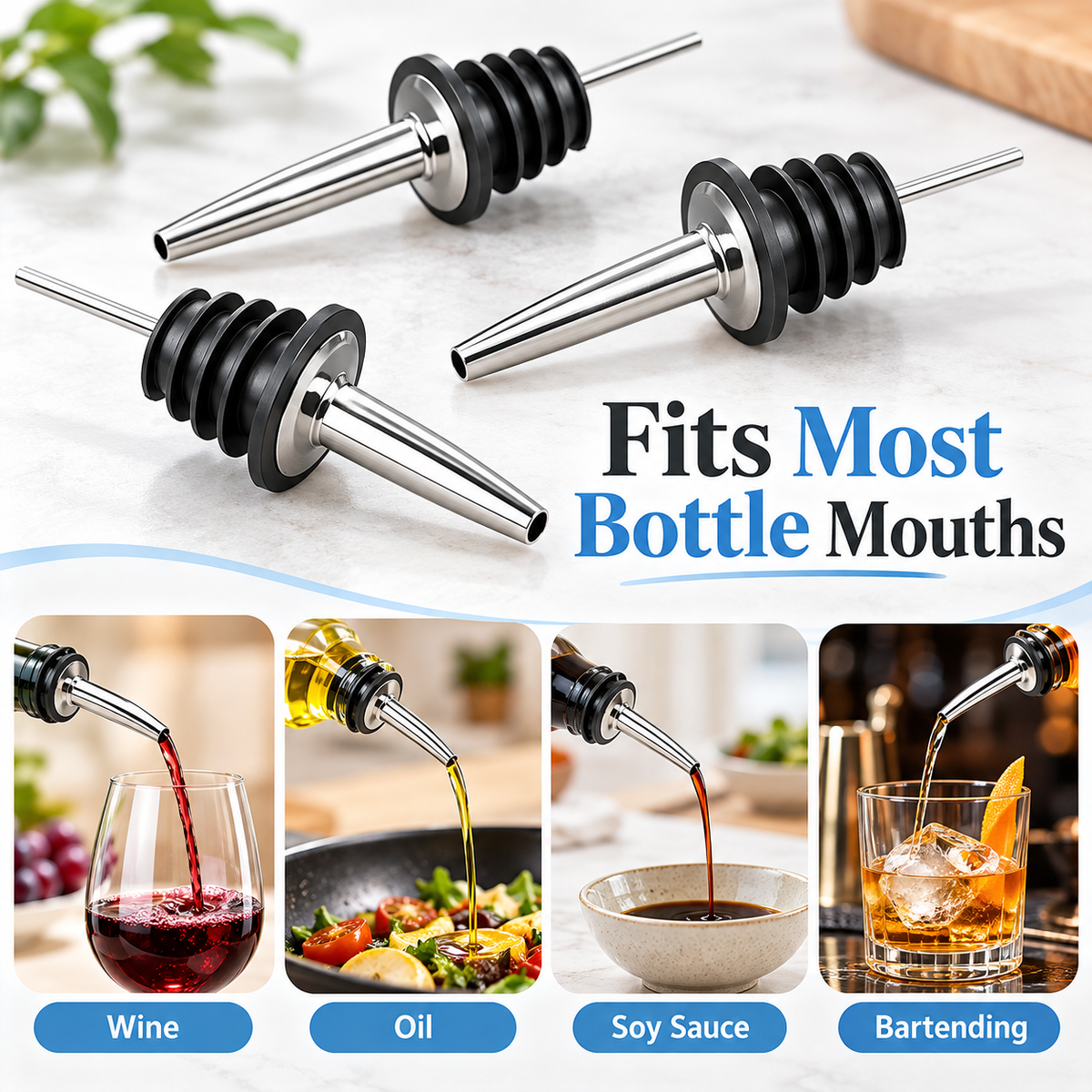 Pourers fit most bottle mouths and work for wine, oil, soy sauce and bartending