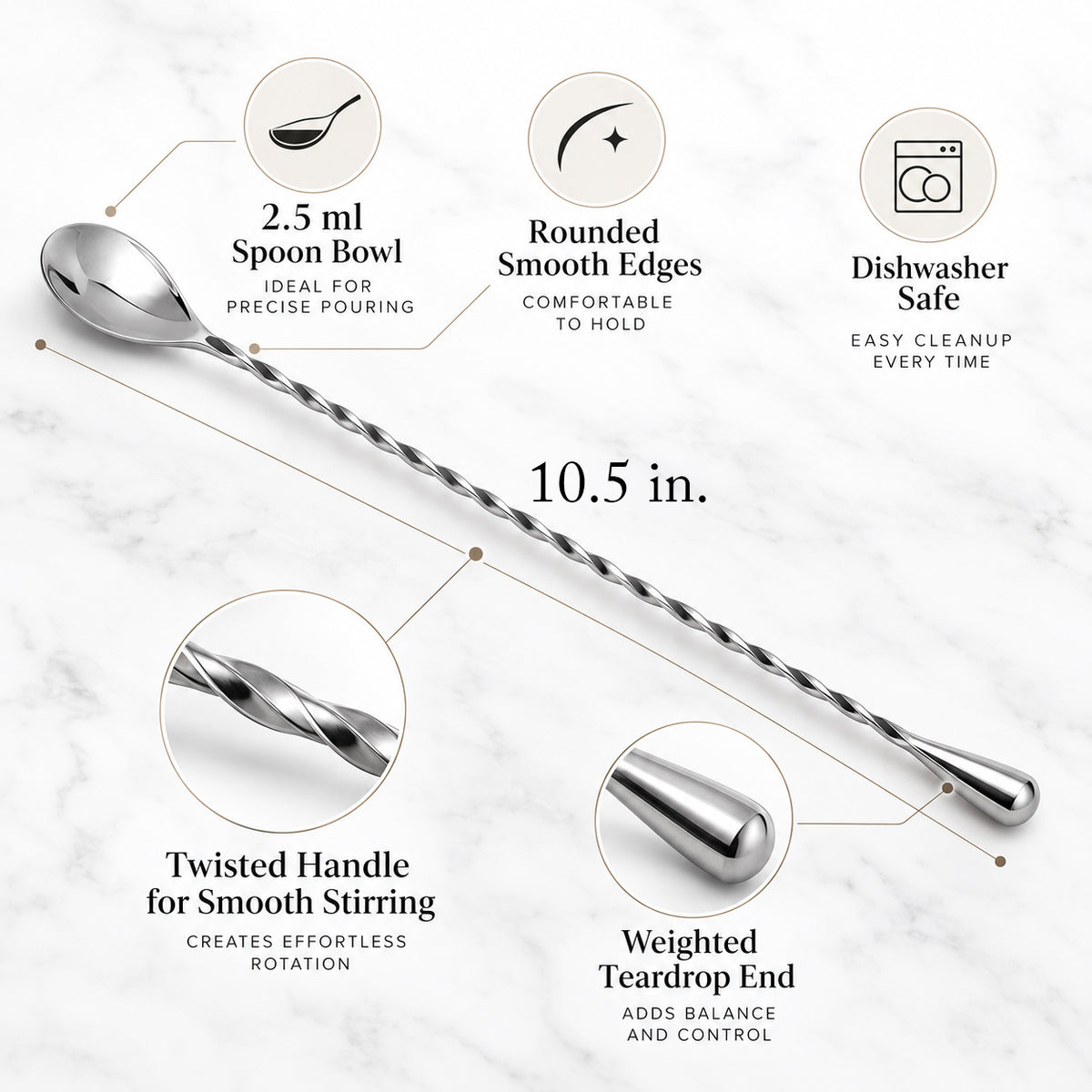Bar spoon 10.5 in with twisted handle, weighted teardrop end and smooth rounded edges