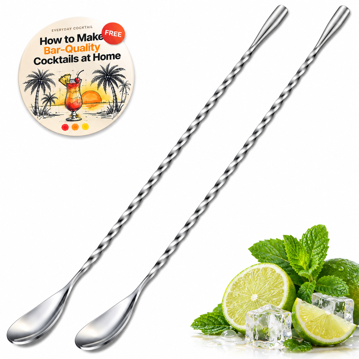 Set of 2 twisted stainless steel bar spoons with lime, mint and ice