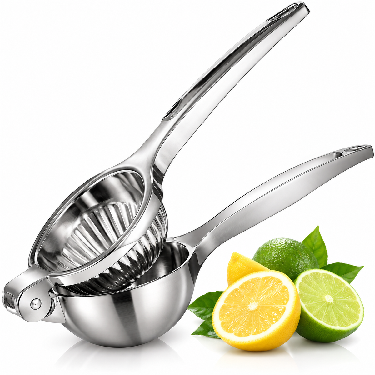 Stainless steel citrus squeezer with fresh lemons and limes