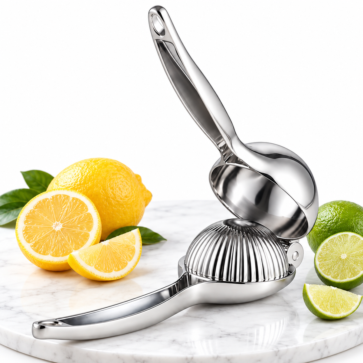 Stainless steel citrus squeezer close-up detail