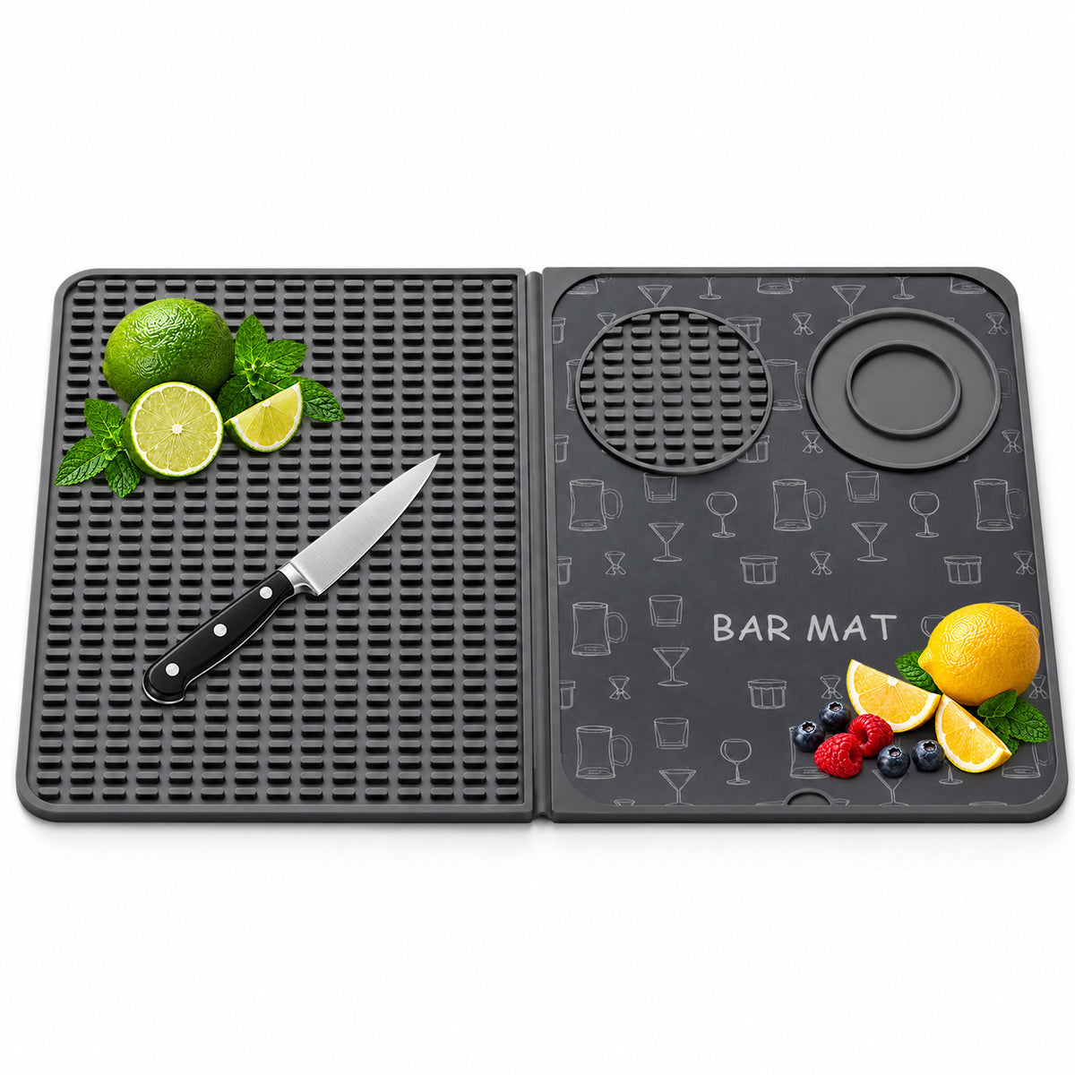 Folding bar prep mat with cutting board side, glass grip pad and salt rimmer