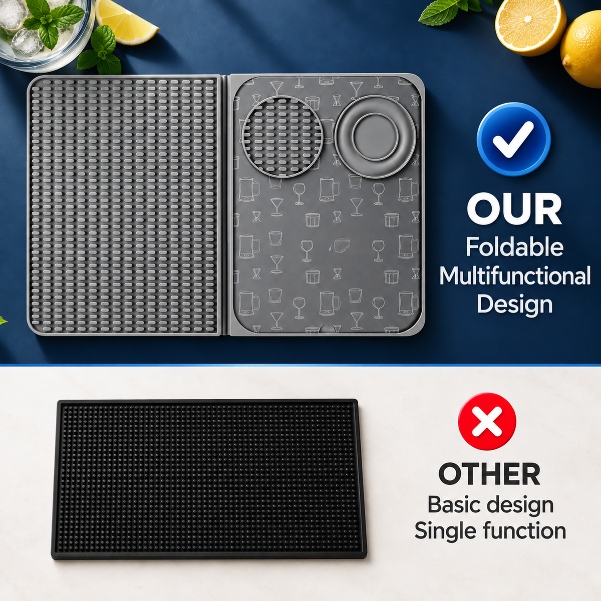 Foldable multifunctional bar mat compared with a basic single function bar mat