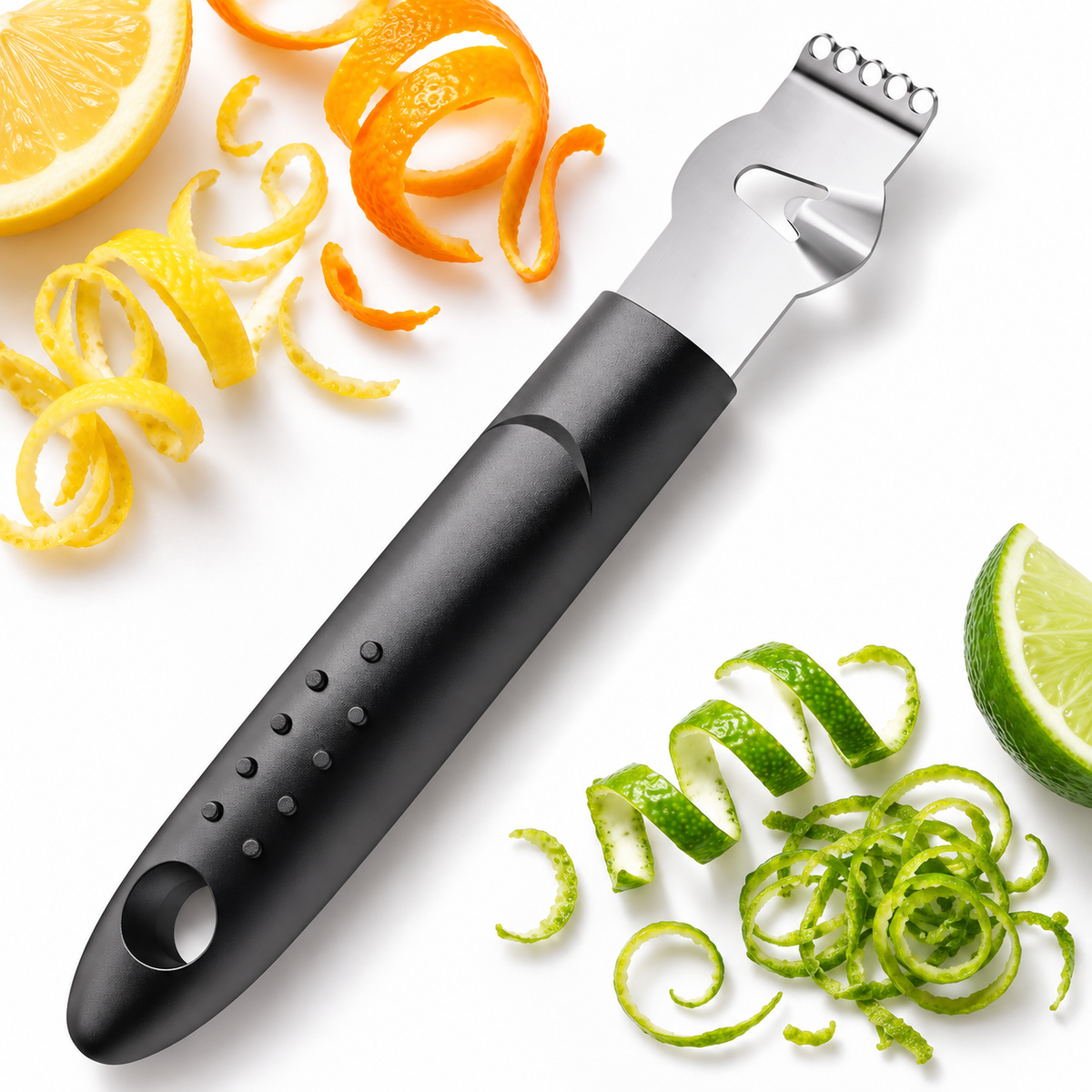 Citrus zester with channel knife and black handle beside lemon, orange and lime peel twists