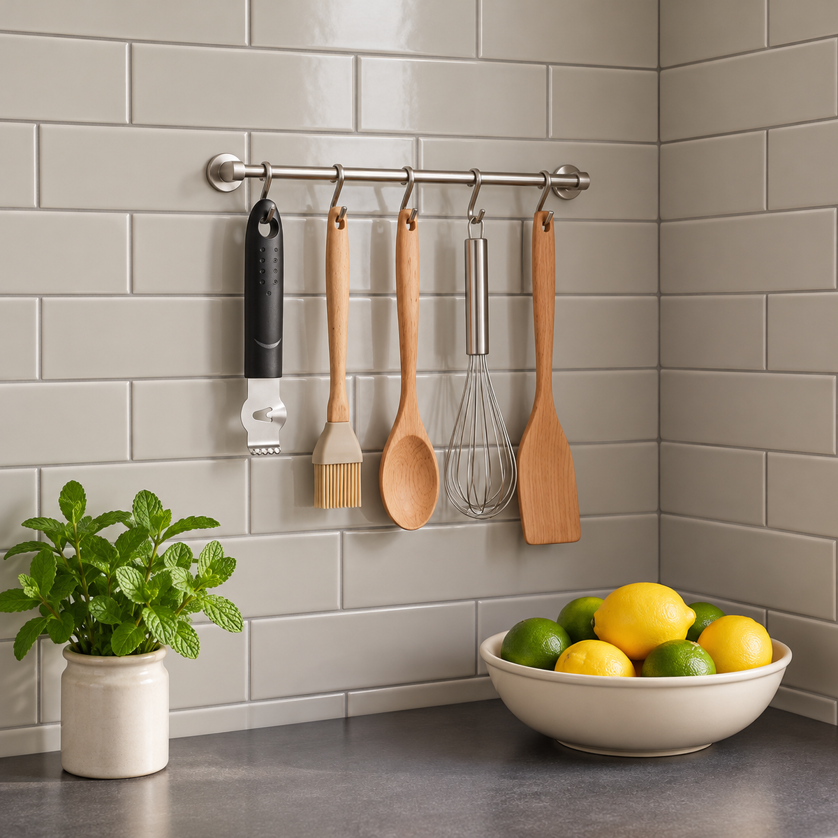 Citrus zester hanging on a kitchen rail with a bowl of lemons and limes