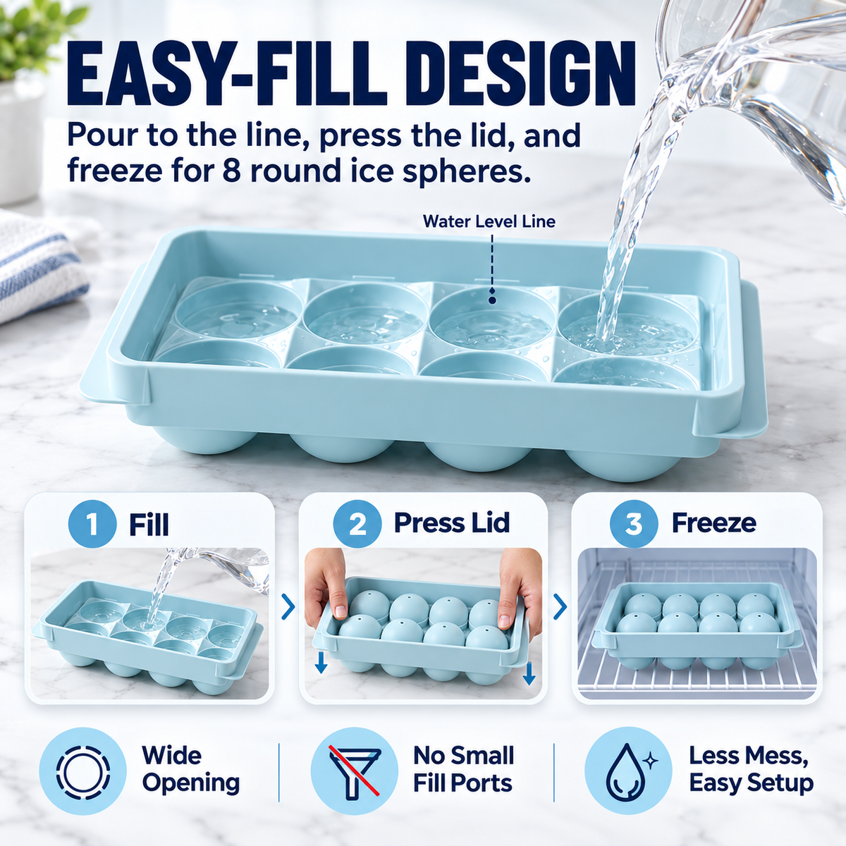 Easy fill ice ball tray: fill, press the lid, freeze 8 round spheres