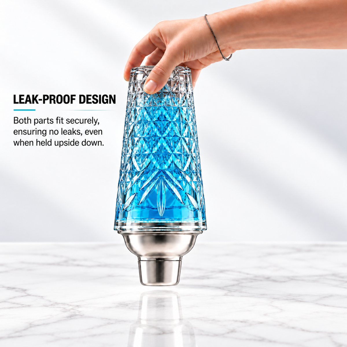 Crystal shaker held upside down, leak-proof design