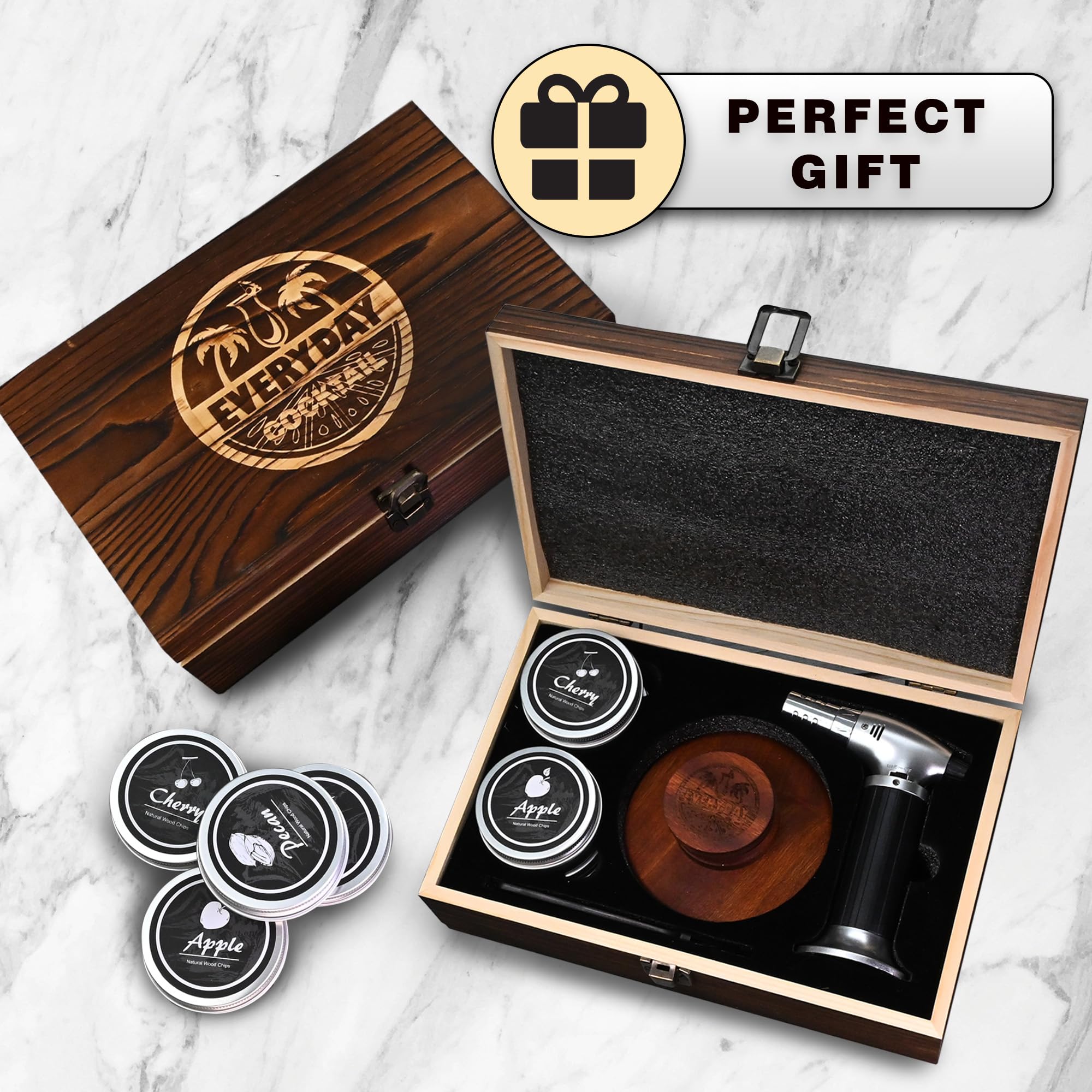 Whiskey Smoker Kit with Torch – 4 Wood Chips & Wooden Box