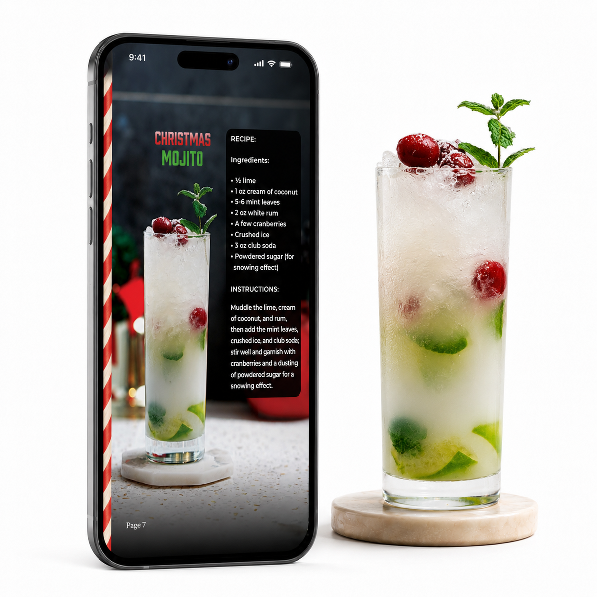 Top 40 Christmas Cocktails e-book open on a phone at the Christmas Mojito recipe, next to the finished drink