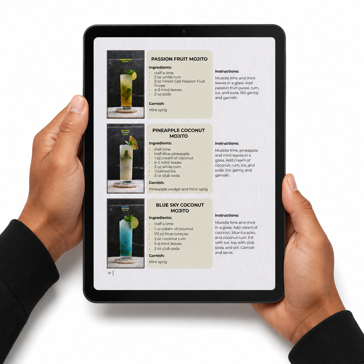 Reading the 246 Viral Cocktail Recipes e-book on a tablet, ingredients and instructions side by side #format_e-book