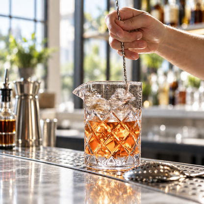 Stirring an Old Fashioned in the 16 oz diamond cut mixing glass with a bar spoon at a bar