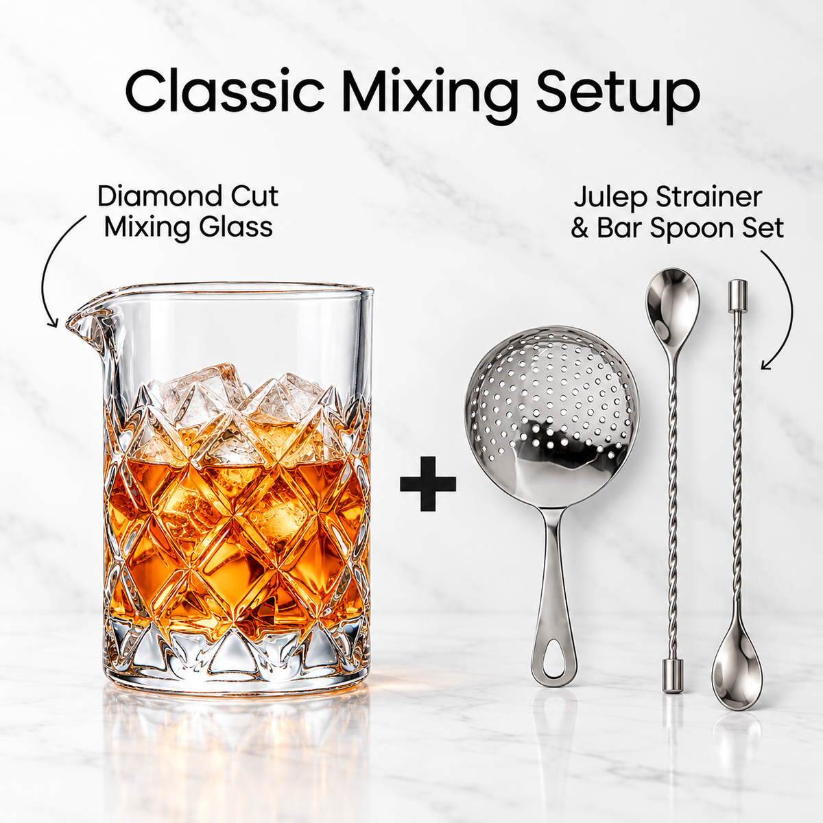 Diamond cut mixing glass with a julep strainer and bar spoon set