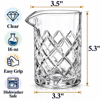16 oz diamond cut mixing glass with size dimensions