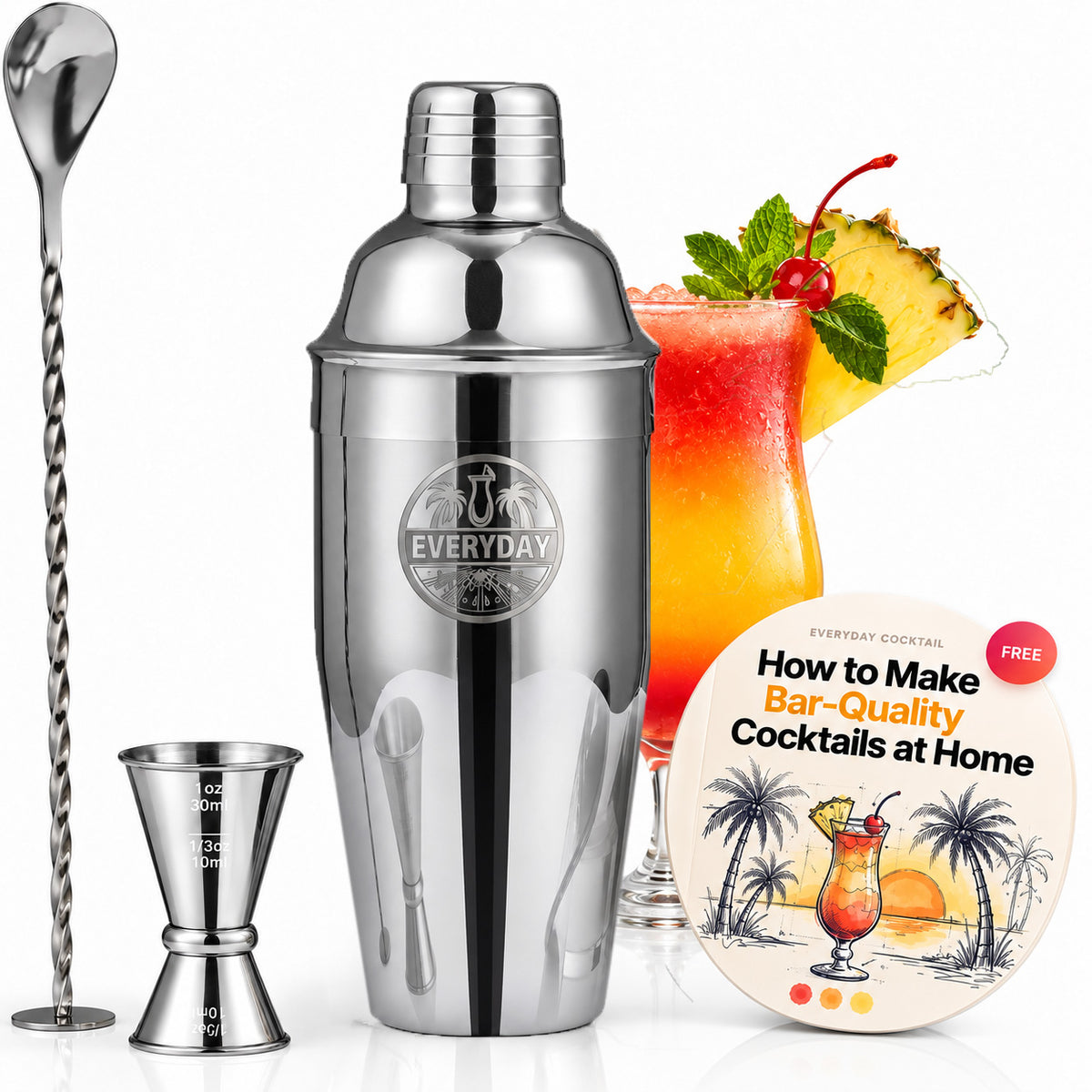 Everyday Cocktail 3 piece shaker set: stainless shaker, jigger and twisted bar spoon with a tropical cocktail