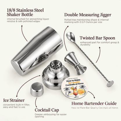 What is in the shaker set: shaker bottle, strainer cap, cocktail cap, double jigger and twisted bar spoon