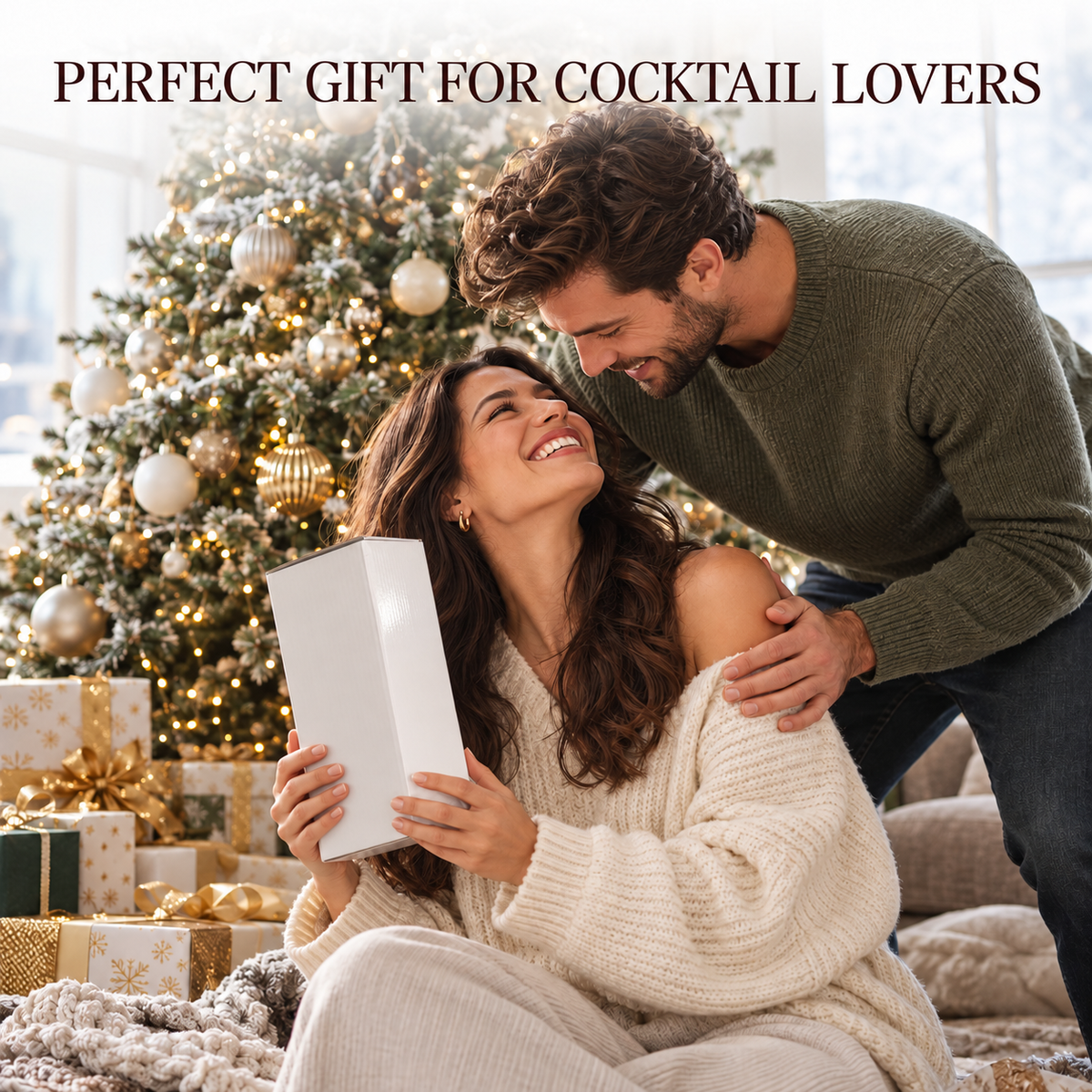 A couple opening a gift box by the Christmas tree, the shaker set as a gift for cocktail lovers