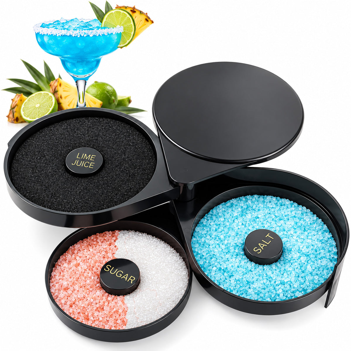 Black 3 tier cocktail glass rimmer with lime juice sponge, blue salt and sugar trays and a margarita