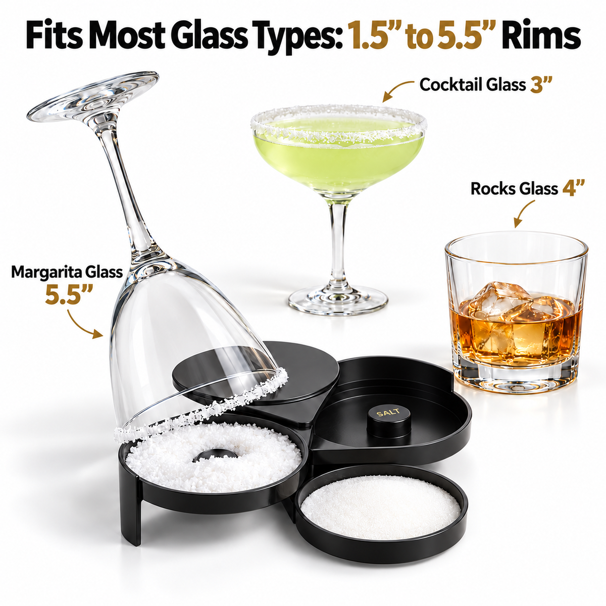 Rimmer fits cocktail, rocks and margarita glasses with rims from 1.5 to 5.5 inches