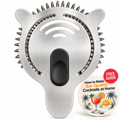 Stainless steel Hawthorne cocktail strainer with black finger rest and spring coil