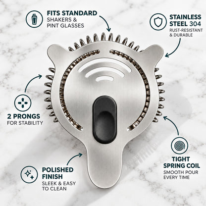Hawthorne strainer features: tight spring coil, polished finish, 2 prongs, fits shakers and pint glasses