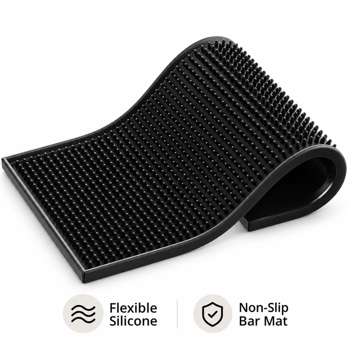 Flexible black silicone bar mat curled to show it bends
