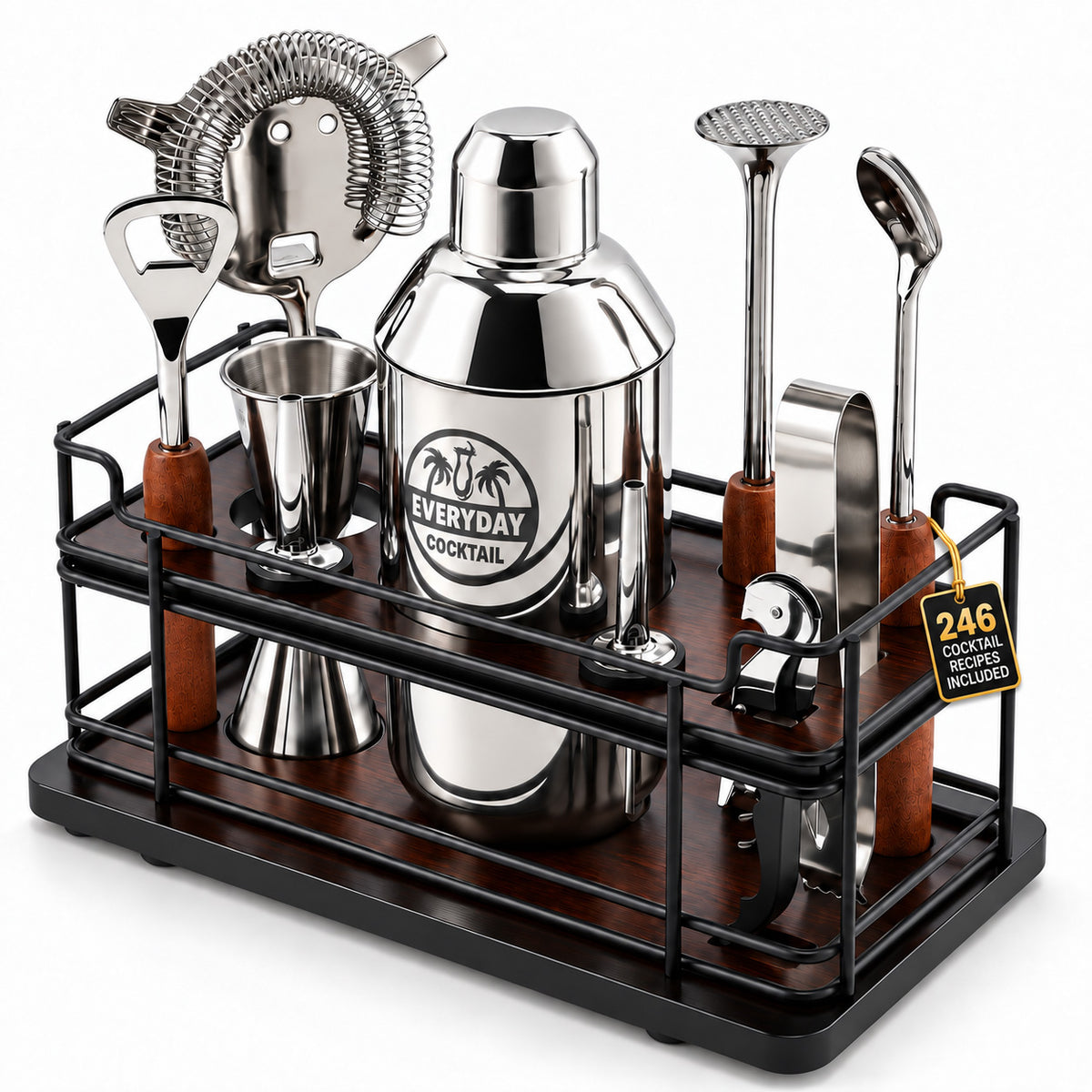 Bartender Kit 10 Piece Cocktail Shaker Set with Wooden Stand, Bar Tools Gift Set, Everyday Cocktail