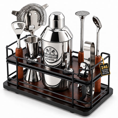 Bartender Kit 10 Piece Cocktail Shaker Set with Wooden Stand, Bar Tools Gift Set, Everyday Cocktail