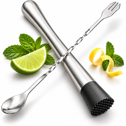 Stainless steel muddler and bar spoon with fork end crossed, with lime, mint and lemon twist