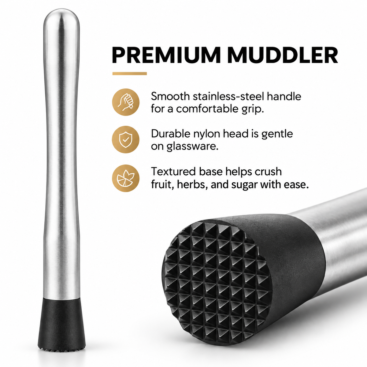 Premium muddler with smooth steel handle and textured nylon head
