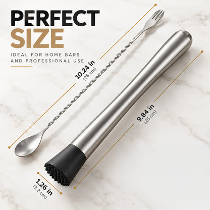 Muddler and bar spoon sizes: spoon 10.24 in, muddler 9.84 in