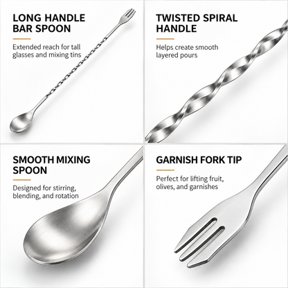 Bar spoon details: long handle, twisted spiral, smooth spoon and garnish fork tip