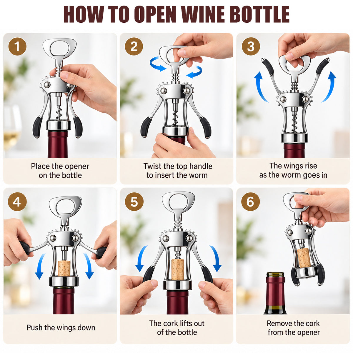 How to open a wine bottle with the wing corkscrew in 6 steps