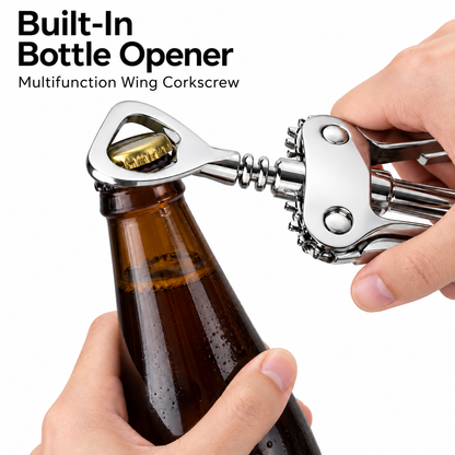 Opening a beer bottle with the built-in bottle opener on the wing corkscrew