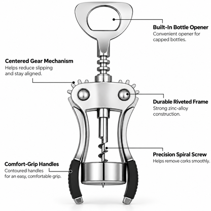 Wing corkscrew parts: bottle opener, gear mechanism, riveted frame, spiral screw, comfort grip handles