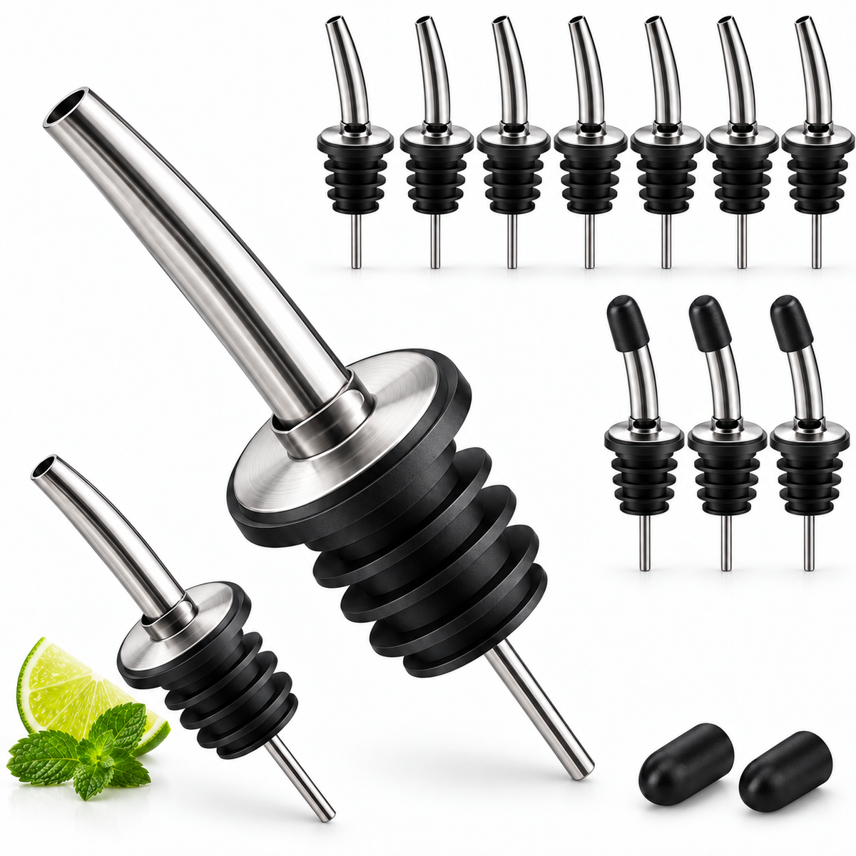 Stainless steel pourers with black silicone seal rings and pour caps