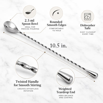 Bar spoon 10.5 in with twisted handle, weighted teardrop end and smooth rounded edges