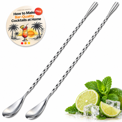 Set of 2 twisted stainless steel bar spoons with lime, mint and ice