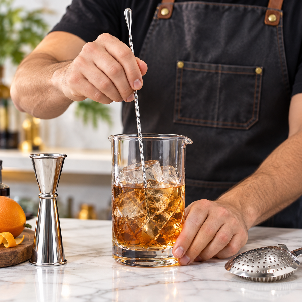 Bartender stirring an Old Fashioned in a mixing glass with a long bar spoon