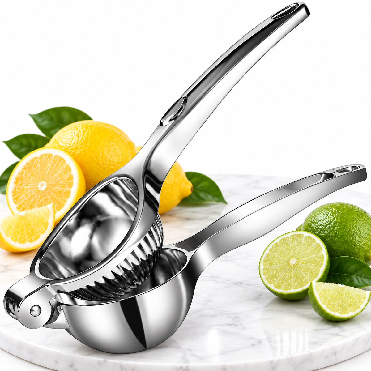 Stainless steel citrus squeezer pressing a lemon half