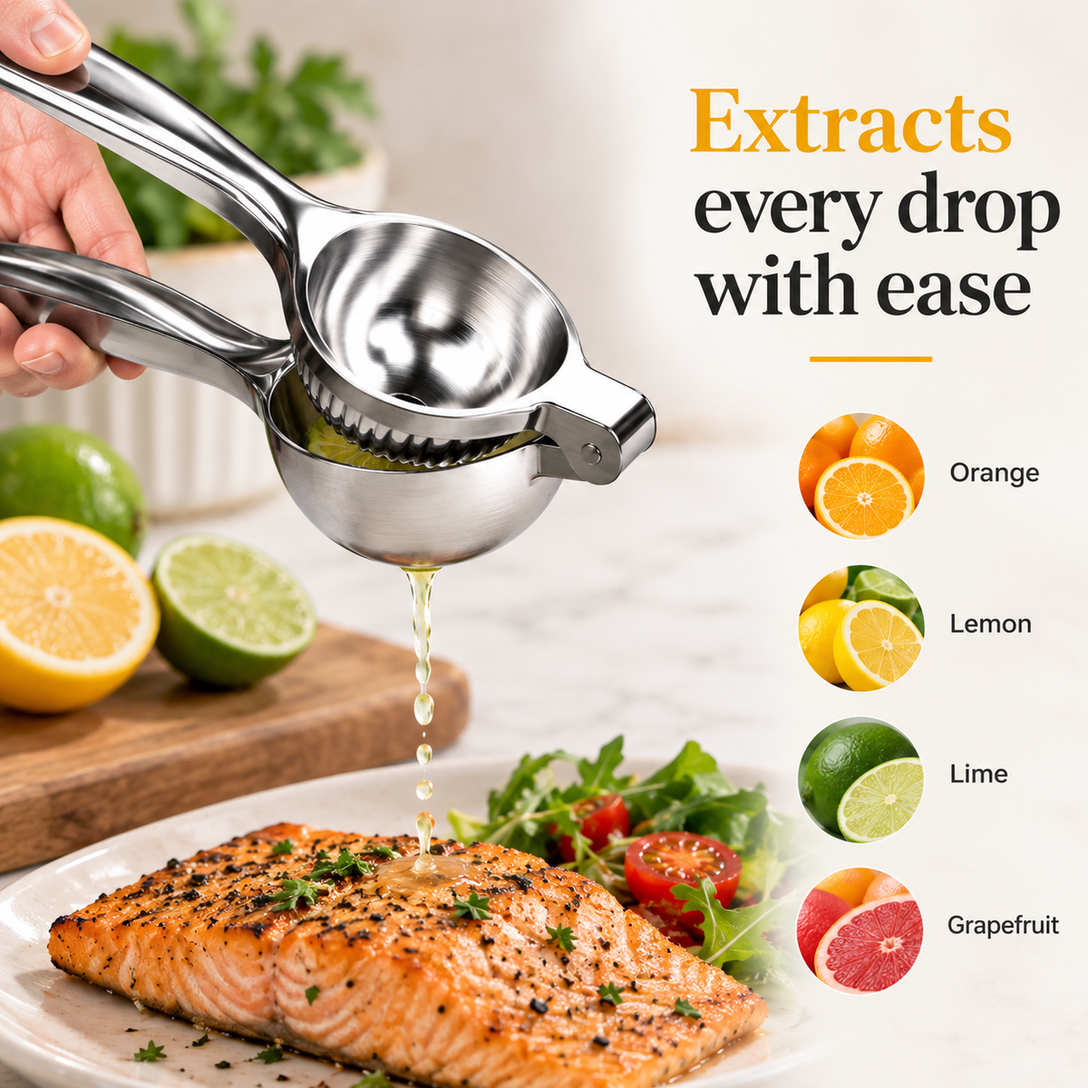 Citrus squeezer works on lemons, limes and oranges