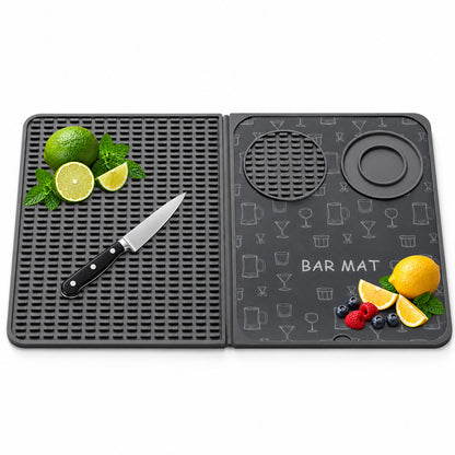 Folding bar prep mat with cutting board side, glass grip pad and salt rimmer