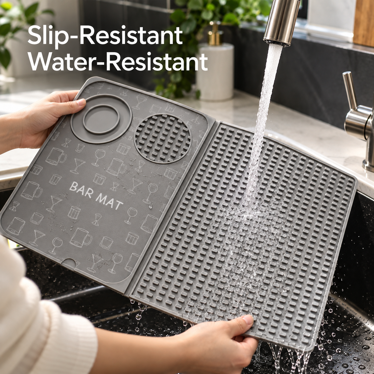 Rinsing the slip-resistant silicone bar mat under running water